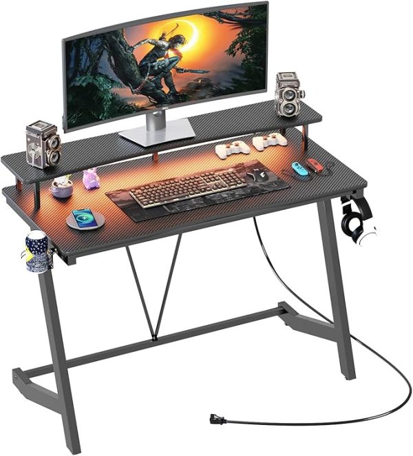 Gaming Desk with LED Lights & Power Outlets, 40 Inch